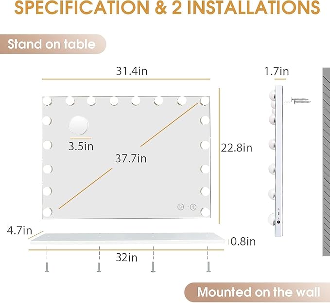Hansong Vanity Mirror with Lights and Bluetooth Extra Large Hollywood Makeup Mirror with 18 pcs LED Bulbs Lighted Mirror with USB Charging,3 Color Lighting Modes Tabletop or Wall Mount