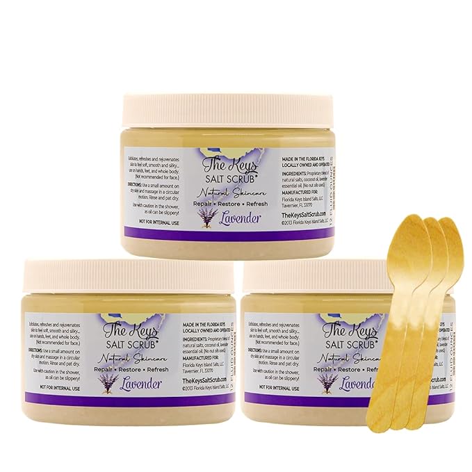 The Keys Salt Scrub -Sea Salt Scrub - Exfoliating Body Scrub with Wooden Spoon - Moisturizing Exfoliator for Hands, Foot, Bath, (12 Ounce (Pack of 3), Lavender)
