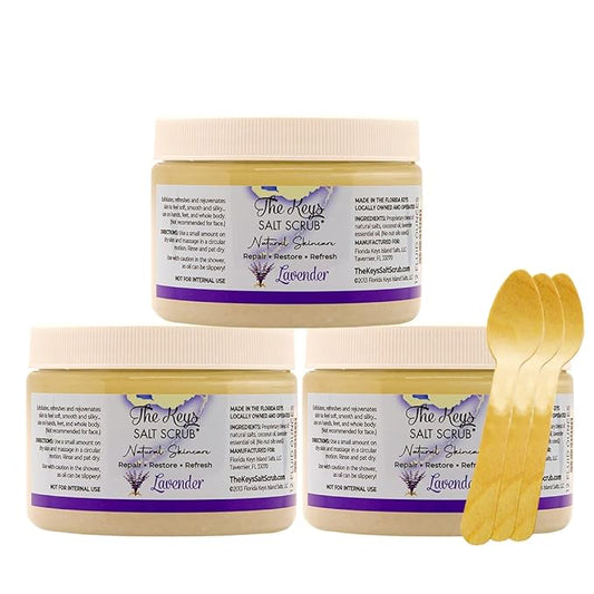 The Keys Salt Scrub -Sea Salt Scrub - Exfoliating Body Scrub with Wooden Spoon - Moisturizing Exfoliator for Hands, Foot, Bath, (12 Ounce (Pack of 3), Lavender)