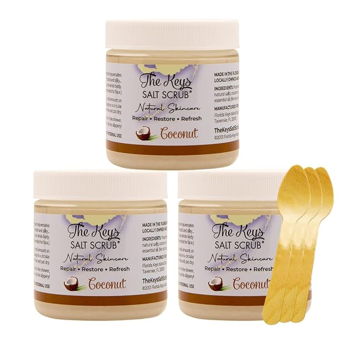 The Keys Salt Scrub -Sea Salt Scrub - Exfoliating Body Scrub with Wooden Spoon - Moisturizing Exfoliator for Hands, Foot, Bath, (3.4 Ounce (Pack of 3), Coconut)