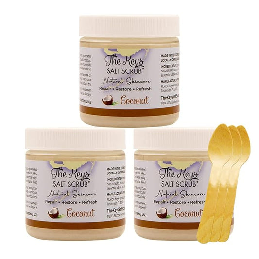 The Keys Salt Scrub -Sea Salt Scrub - Exfoliating Body Scrub with Wooden Spoon - Moisturizing Exfoliator for Hands, Foot, Bath, (3.4 Ounce (Pack of 3), Coconut)