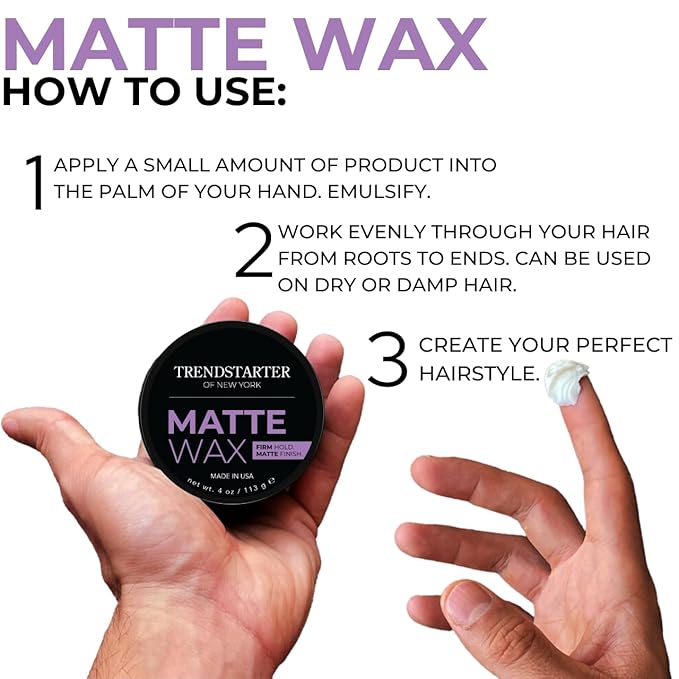 TRENDSTARTER - MATTE WAX (4oz) - Firm Hold - Matte Finish - Premium Water Based All-Day Hold Hair Styling Pomade – Flake-Free Styling Wax for All Hair Types