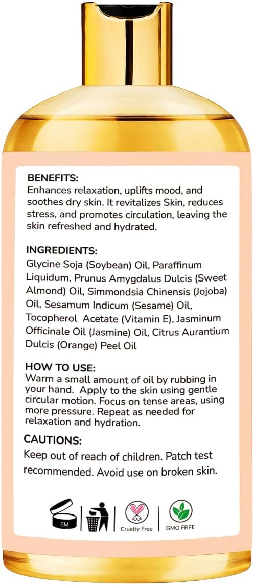 Massage Oil with Jasmine & Orange Essential Oils – Infused with Sesame, Almond & Jojoba Oils – Full Body Massage Oil for Relaxation – for Men & Women – 10 Fl Oz