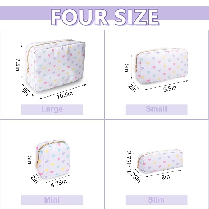 Large Makeup Bag Pouch, Nylon Women Travel Toiletry Storage Bag Big Makeup Organizer Bag for Girls, Preppy Cosmetic Bag Cute Zipper Pouch Skincare Bag for Sport School Work Gift(Large-White Heart)