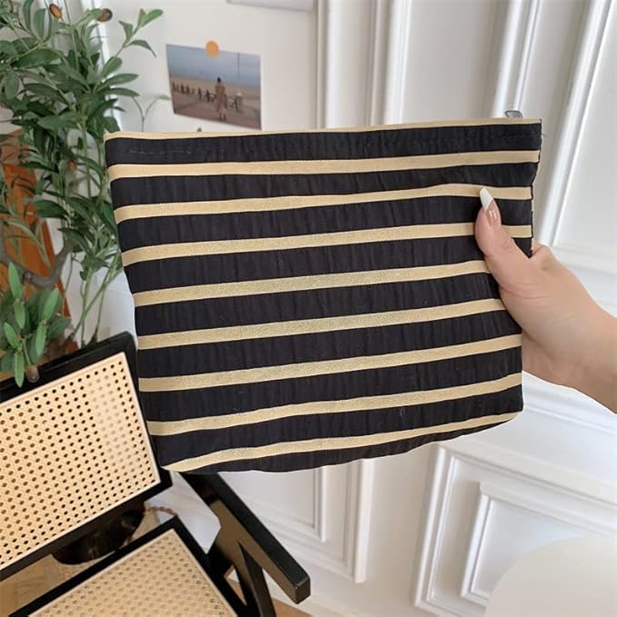 PAZIMIIK Floral Makeup Bag Large Cotton Zipper Pouch for Purse Travel Canvas Make Up Organizer for Women Cosmetic,Stripe Black