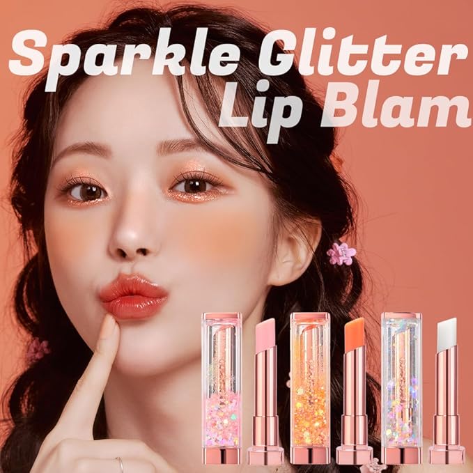 [SET] CORINGCO Sparkle Cute Color Changing Lip Balm｜ Colored Lip Cream Lip Gloss, Glitter Lip Care Lip Pack Birthday Gift Glitter Gift Sequin Shiny Spangle Lipbalm (#04 Orange Red)