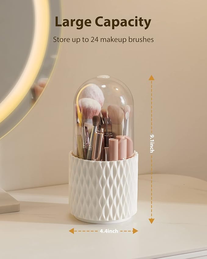 Makeup Brush Holder [Upgrade] [Dustproof & Waterproof] 360 Rotating Cosmetics Make up Brush Organizer Storage with Lid for Vanity