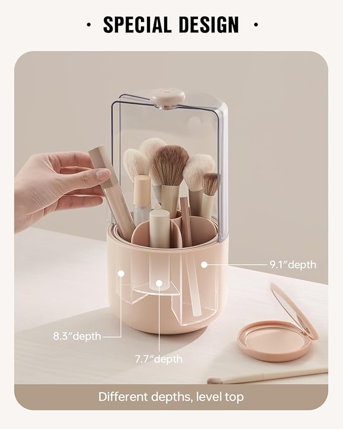 EACHY Makeup Brush Holder 360° Rotating with Dustproof Lid, Waterproof Material, 7 Compartments for Organized Storage, Stylish and Durable Design for Vanity (Pink)