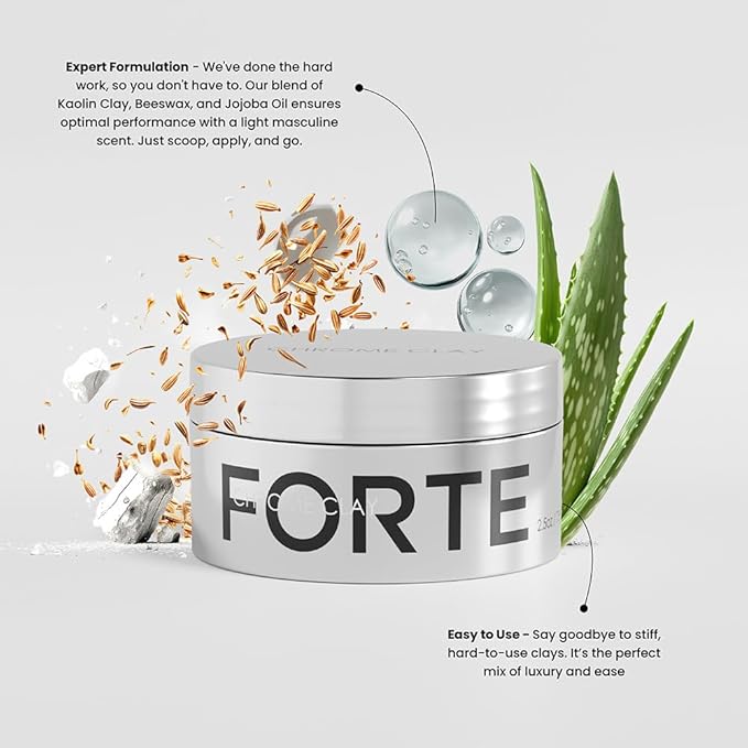 Forte Series Chrome Clay – Strong Hold Hair for Men | Matte Finish, Volumizing & Texture Enhancing | Kaolin, Biotin & Aloe Vera | Lightweight, Reworkable & Easy Wash-Out | 2.5oz