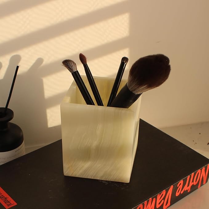 Natural Light Green Onyx Toothbrush Holders for Bathroom, Marble Makeup Brush Holder Countertop Organizer