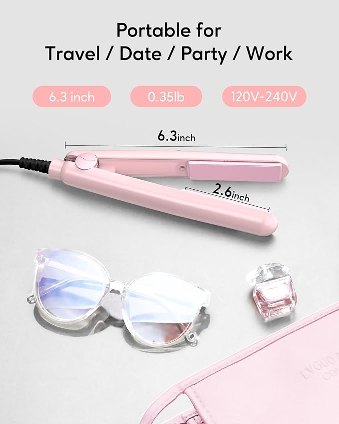 Wavytalk Mini Portable Flat Iron, 0.7 Inch Dual Voltage Hair Straightener - Small Flat Irons for Short Hair, Curls Bangs, Worldwide Use for Travel, Pink