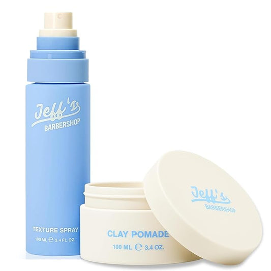 Jeff's Barbershop Clay Pomade and Texture Spray Duo - Medium Hold, Matte Finish - Sandalwood Scented