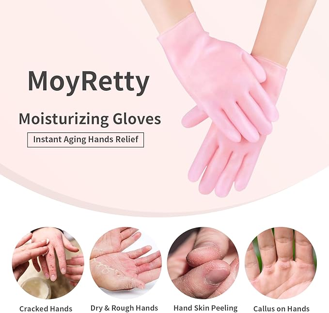 MoyRetty Silicone Moisturizing Gloves 2 Pairs, Flexible & Durable, Ideal for Dry Hands, Home Spa Experience - Pink & Beige