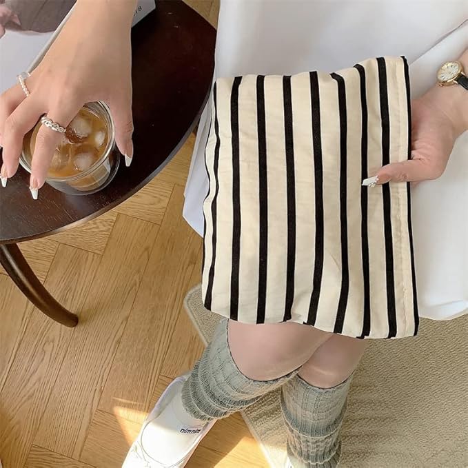 PAZIMIIK Floral Makeup Bag Large Cotton Zipper Pouch for Purse Travel Canvas Make Up Organizer for Women Cosmetic,Stripe White