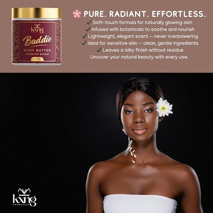 KXNG Cosmetics, Body Butter, Organic Skin Care for Men and Women, Body Moisturizer Lotions and Creams, Raw Shea Butter, Cocoa Butter, Mango, Coconut Oil, Hand, Foot, All Skin Types (Baddie)