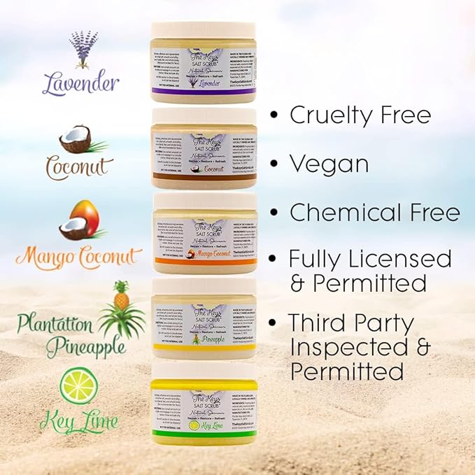 The Keys Salt Scrub -Sea Salt Scrub - Exfoliating Body Scrub with Wooden Spoon - Moisturizing Exfoliator for Hands, Foot, Bath, (3.4 Ounce (Pack of 1), Coconut)