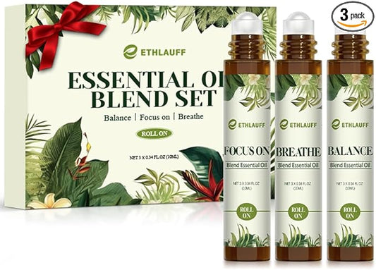 Essential Oils Roll On Set 3 Pack (Breathe, Focus on, Balance) - Essential Oil Blend Stress Relief Gift Aromatherapy Self Care Gift for Women, 3 * 10ml