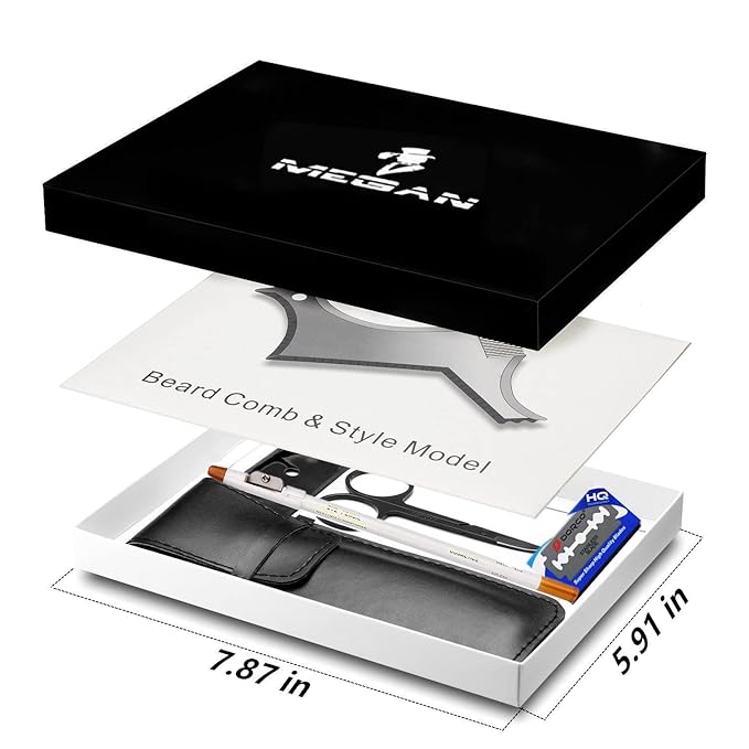 Megan Beard shaping tool,5 piece set beard shaper - include Professional Straight Edge Razor,beard template,10 Count of double edge blades,barber pencil and Stainless steel scissors.