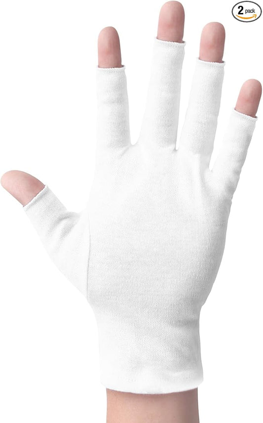 2 Pairs White Cotton Moisturizing Gloves – Fingerless Design with 5 Open Fingertips per Glove – 100% Cotton – Touchscreen-Friendly Night Gloves for Dry Hands