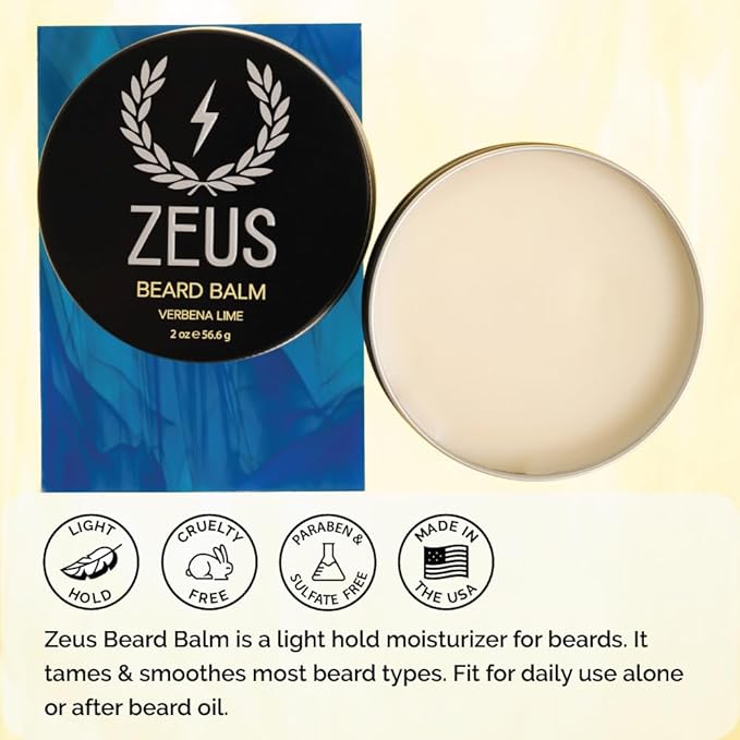 ZEUS Beard Balm Leave-In Conditioner, Beard Styling Grooming Balm with Natural Beeswax & Shea Butter (MADE IN USA) Verbena Lime