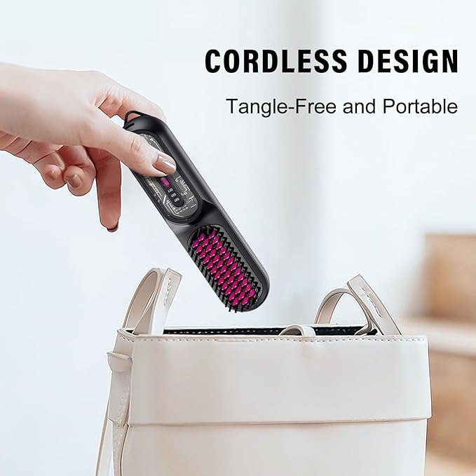 Cordless Hair Straightener Brush for Women - HFcoupe Electric Hot Comb Rechargeable Travel Portable Thermal Brush, Fast Heat Mini Straightening Tools with Ionic, Salon Smooth Styles Anywhere Black