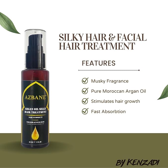 KENZADI Premium Moroccan Argan Oil Silky Hair & Facial Hair Beard Repair Treatment By Azbane 100% pure Oil (60 ML, 2oz)