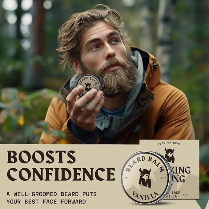 Striking Viking Beard Balm for Men - 2 oz, Vanilla Scent - Light Hold Moisturizer That Softens & Nourishes Coarse Facial Hair with Shea Butter & Tea Tree Oil