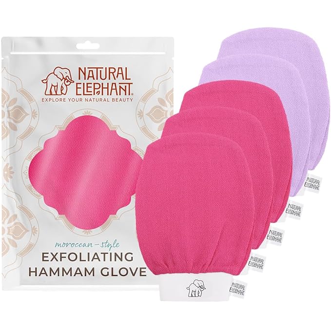 Natural Elephant Exfoliating Hammam Glove - Face and Body Exfoliator Mitt 5 and 10 Packs (3 Pink, 2 Lilac (Pack of 5))