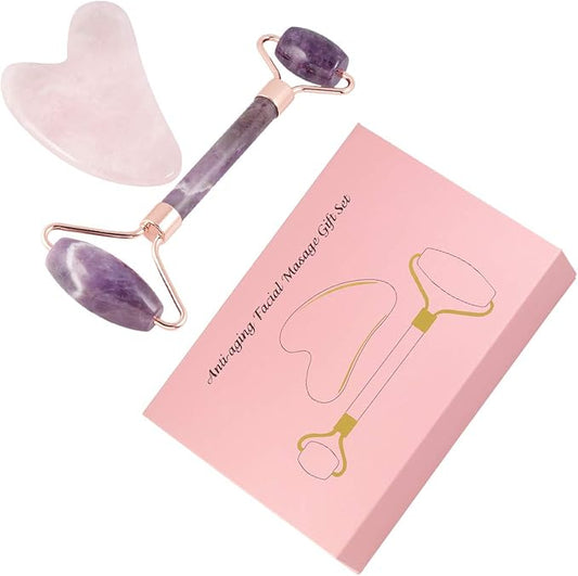 mookaitedecor Amethyst Roller & Rose Quartz Gua Sha Scraping Massage Tool Set, Face Massager for Wrinkles, Anti Aging