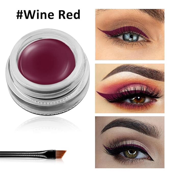 Erinde Waterproof Gel Eyeliner, Long Lasting Cream Eyeliner Gel Pot, Halloween High-Intensity Pigments Smudge-Proof Eye Liner Makeup, Water-Resistant Eyeliner with 2PCS Brushes 09# Wine Red