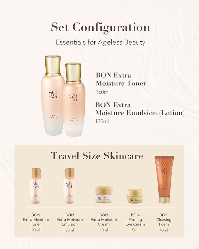 Sooryehan BON EXTRA MOISTURE Korean Skin Care Gift Set (385ml / 13.01 Fl Oz) - Luxury Premium High-end by LG BEAUTY. Hydrating Toner, Emulsion Lotion, Cleansing Foam, Eye Cream.