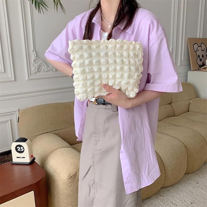 PAZIMIIK Floral Makeup Bag Large Cotton Zipper Pouch for Purse Travel Canvas Make Up Organizer for Women Cosmetic,Bubble Beige