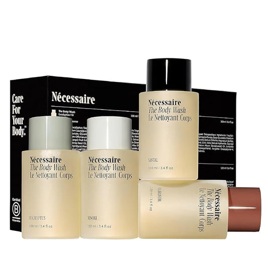 Nécessaire The Body Wash - Collection Set. Self Care Gifts for Women + Men, 4x Travel Size Skin Care Set, Natural Body Wash for Women + Men. With Vitamins + Niacinamide. Gel Cleanse, 3.4 fl oz.