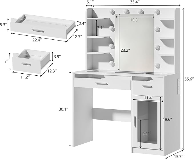 Vanity Desk with Mirror and Lights, Makeup Vanity Desk with Lights 3 Colors, Transparent Top Vanity with 2 RGB Drawers, 6 Shelves, Large Tempered Cabinet, Power Outlet, for Bedroom, White