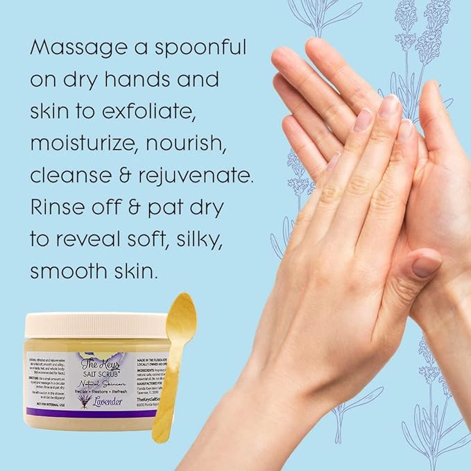 The Keys Salt Scrub -Sea Salt Scrub - Exfoliating Body Scrub with Wooden Spoon - Moisturizing Exfoliator for Hands, Foot, Bath, (12 Ounce (Pack of 1), Lavender)