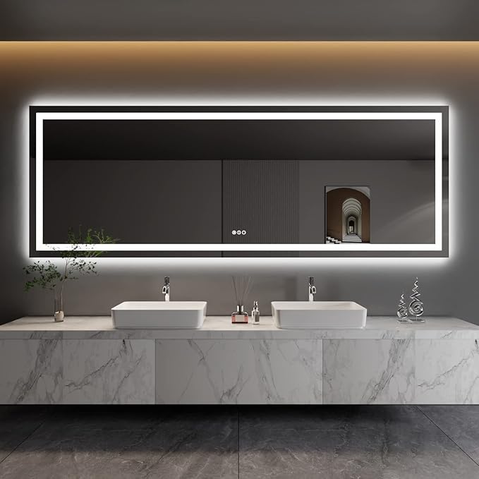 Amorho LED Bathroom Mirror 110" X40" with Front and Backlit, Stepless Dimmable Wall Mirrors with Anti-Fog, Shatter-Proof, Memory, 3 Colors, Double LED Vanity Mirror Large