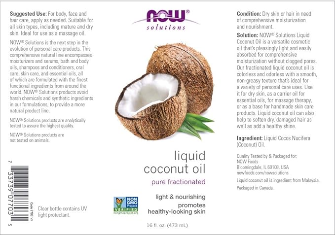 NOW Foods Solutions, Liquid Coconut Oil, Light and Nourishing, Promotes Healthy-Looking Skin and Hair, 16-Ounce