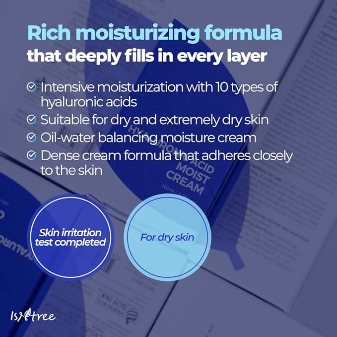ISNTREE Hyaluronic Acid Moist Cream 100ml, 3.38 fl.oz | Korean Skincare | Deep Hydration for Dry Skin | Balances Oil & Moisture | Lightweight & Non-Greasy | Fragrance-Free