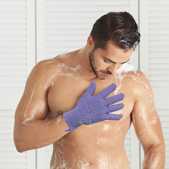 Bath Exfoliating Gloves Scrub - 4 pcs(2 pairs) Lengthened and Large Exfoliating Scrubbing Gloves for Shower, Spa, Massage - Scrub Exfoliating Mitts for Body, Face, Hand （Purple and Beige）