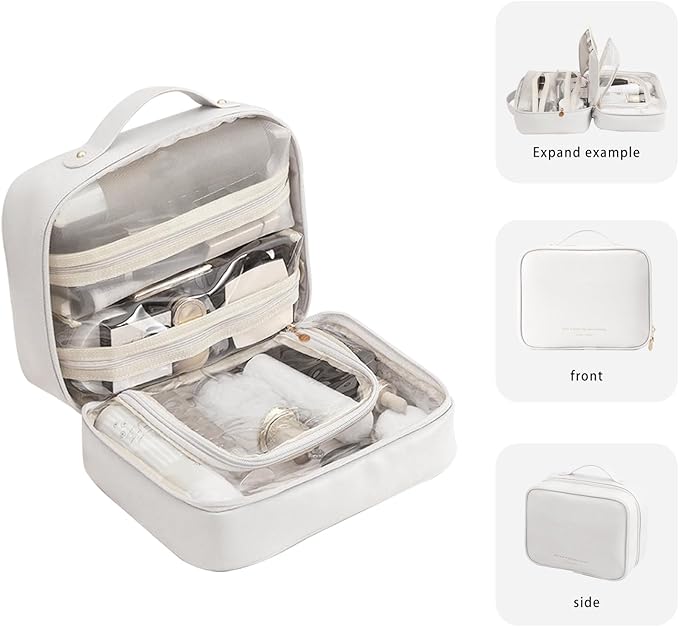 RIGHT AWAY Travel Toiletry Bag for Women, Makeup Bag& Cases, Waterproof Makeup Organizer Cosmetic Bag with Compartments,Portable Make Up Bag for Travel Size Toiletries,Skincare,Brushes Set,White