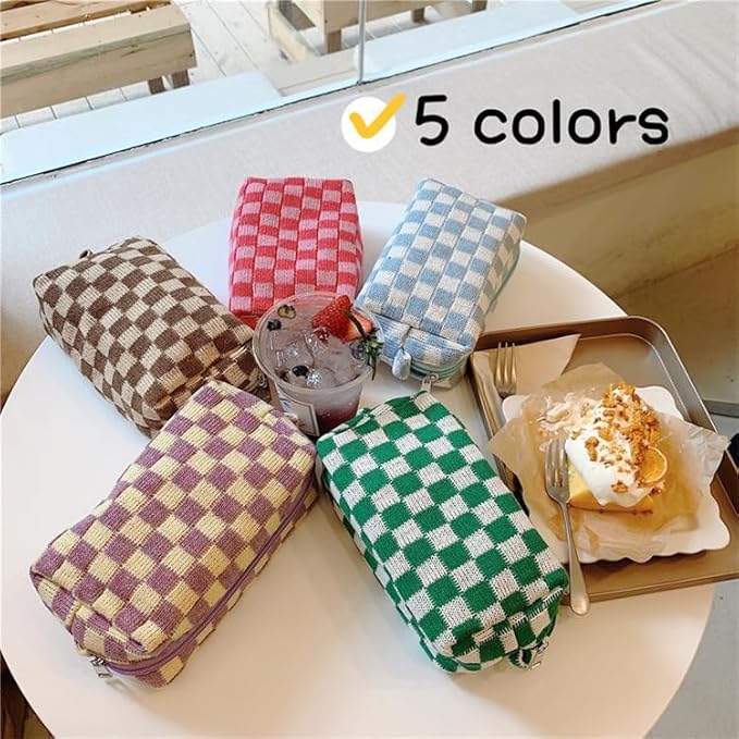 PAZIMIIK Checkered Makeup Bag for Purse Portable Zipper Make Up Pouch Small Cosmetic Case for Travel Accessories (2PCS Coffee)
