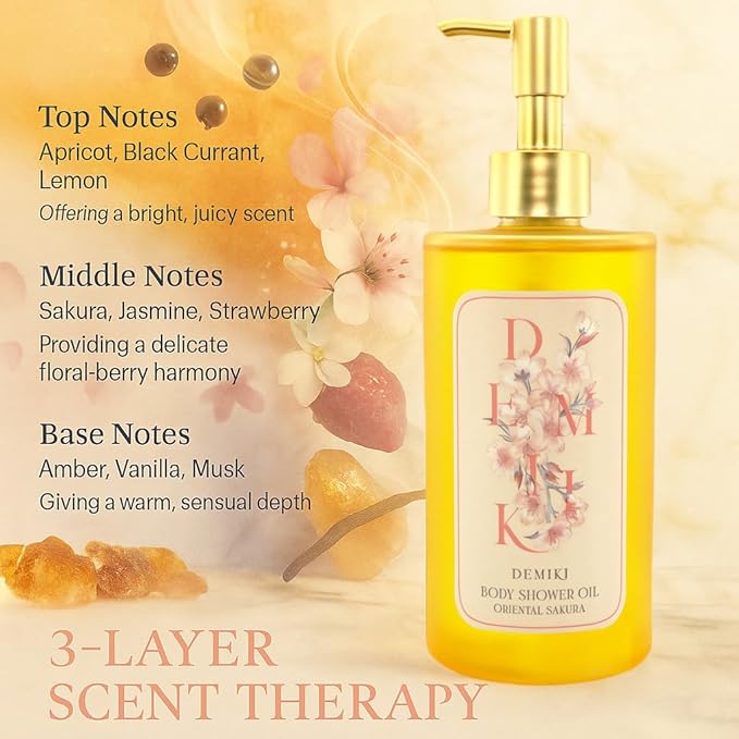 Moisturizing Bath Oil for Dry & Sensitive Skin. Nourishing & Hydrating Winter Care Shower Oil, Soothes & Softens, Locks in Moisture,Sakura Scent, 10 Fl.oz (300ml)