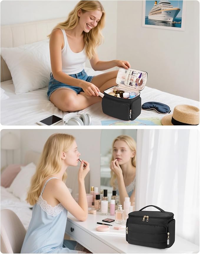 WANDF Travel Toiletry Bag for Women, Wide-open Large Makeup Bag with Handle, Puffy Makeup Organizer for Toiletries, Cosmetics, Accessories, Essentials (Black)