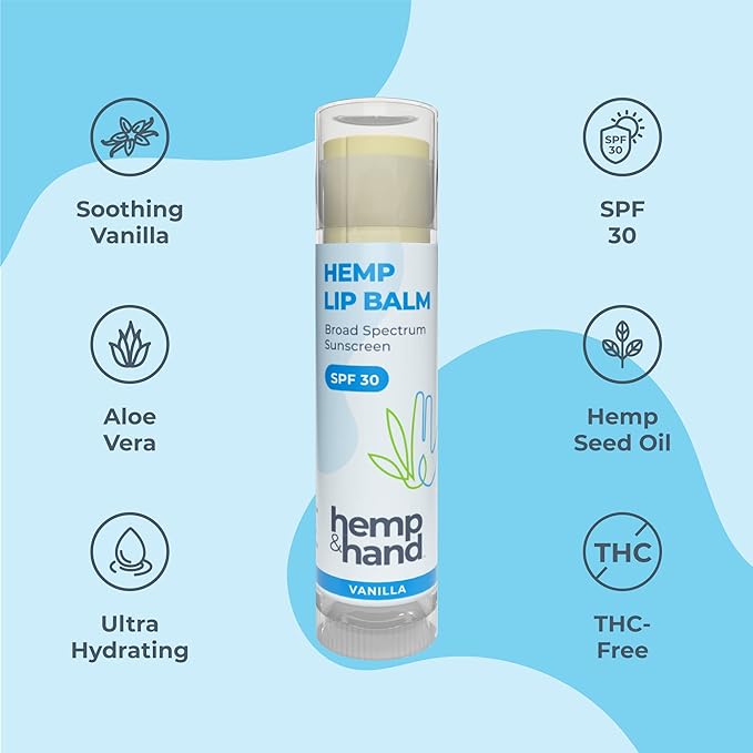 Organic Vanilla Hemp Lip Balm with Beeswax, Coconut Oil and Vitamin E - SPF 30 - by Hemp and Hand (1-Pack)