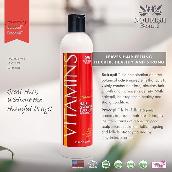 Nourish Beaute Vitamins Natural Shampoo for Hair Growth and Hair Loss for Hair Regrowth,Volume and Thickening with Biotin,DHT Blockers, No Sulfate, For Men and Women, Premium Gold Label, (Pack of 1)