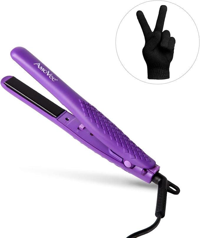 AmoVee Mini Flat Iron, 0.7 Inch Mini Hair Straightener, Small Flat Iron for Short Hair,Curls Bangs, Dual Voltage Travel Hair Straightener（Purple）