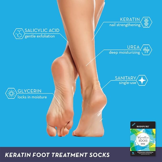 Bodipure PremiumFoot Mask Keratin Socks | At Home Spa Moisturizer Socks for Dry Cracked Feet, Callus & Heel Softening | Easy-to-Use Pedicure Foot Repair | Chemical-free Feet Treatment | 4 Pairs