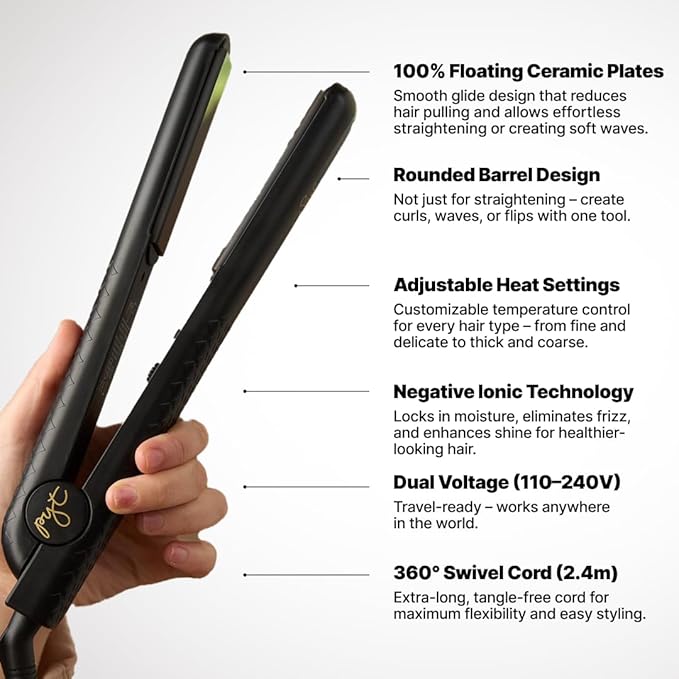 PYT 1.25” Professional Ceramic Hair Straightener – Negative Ion Flat Iron for Frizz-Free Shine, Adjustable Temperature, Dual Voltage, Lightweight Design, Straightens and Curls