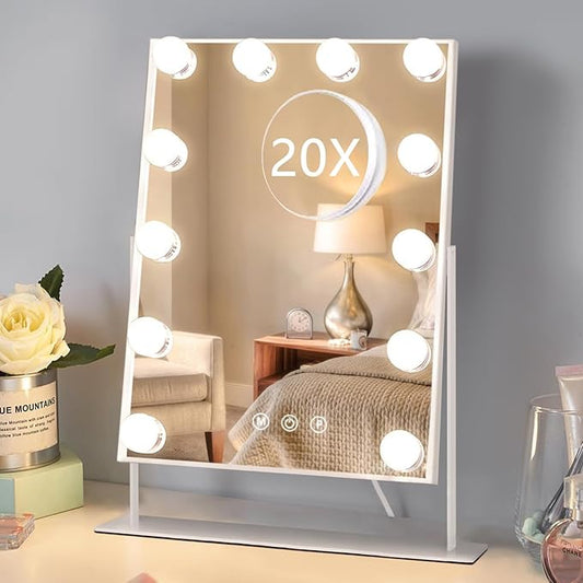 HIEEY Hollywood Makeup Mirror with 12 Dimmable Bulbs Lights, Three Color Lighting Modes, with 4in 20X Magnification Mirror, Smart Touch Control, 360°Rotation (White,Gift Box)