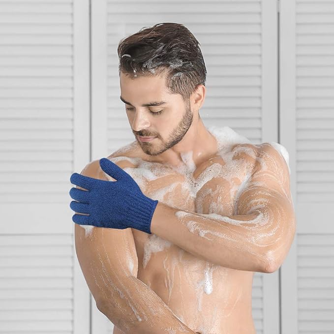 Bath Exfoliating Gloves Scrub - 4 pcs (2 Pair) Lengthened and Large Exfoliating Scrubbing Gloves for Shower, Spa, Massage - Scrub Exfoliating Mitts for Body, Face, Hand and Foot（Blue and Pink）
